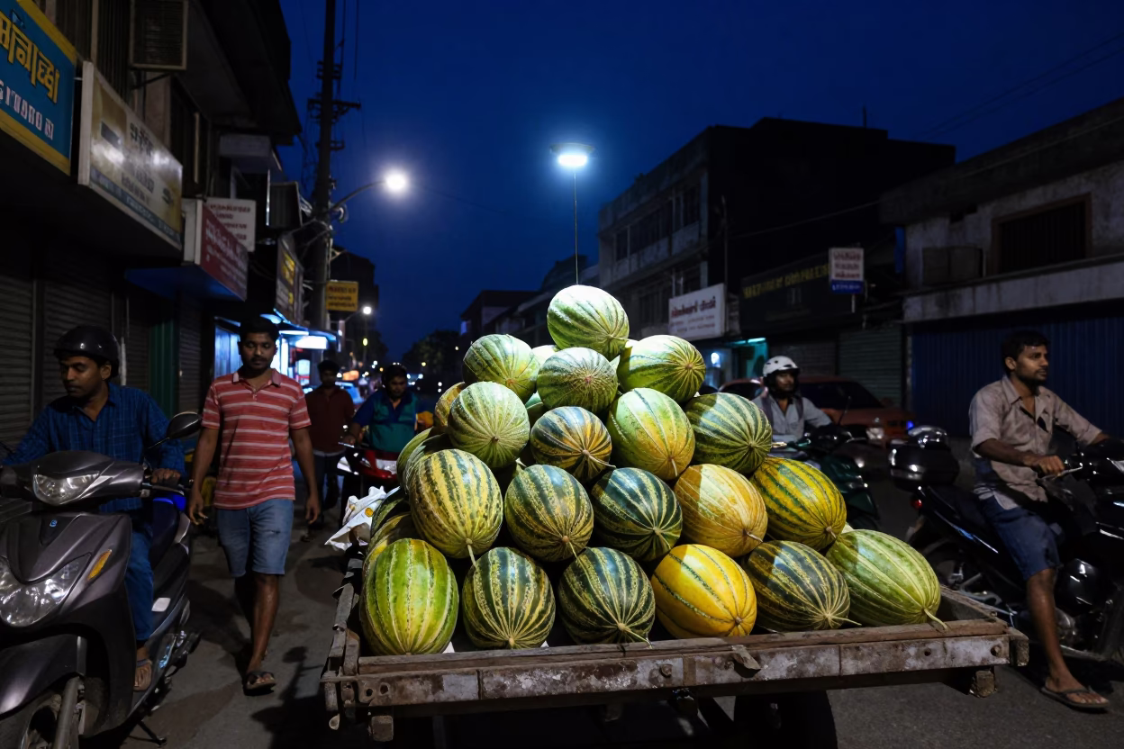 Busy Kolkata Night Street Scene with Melons and Urban Life in in Kolkata, India