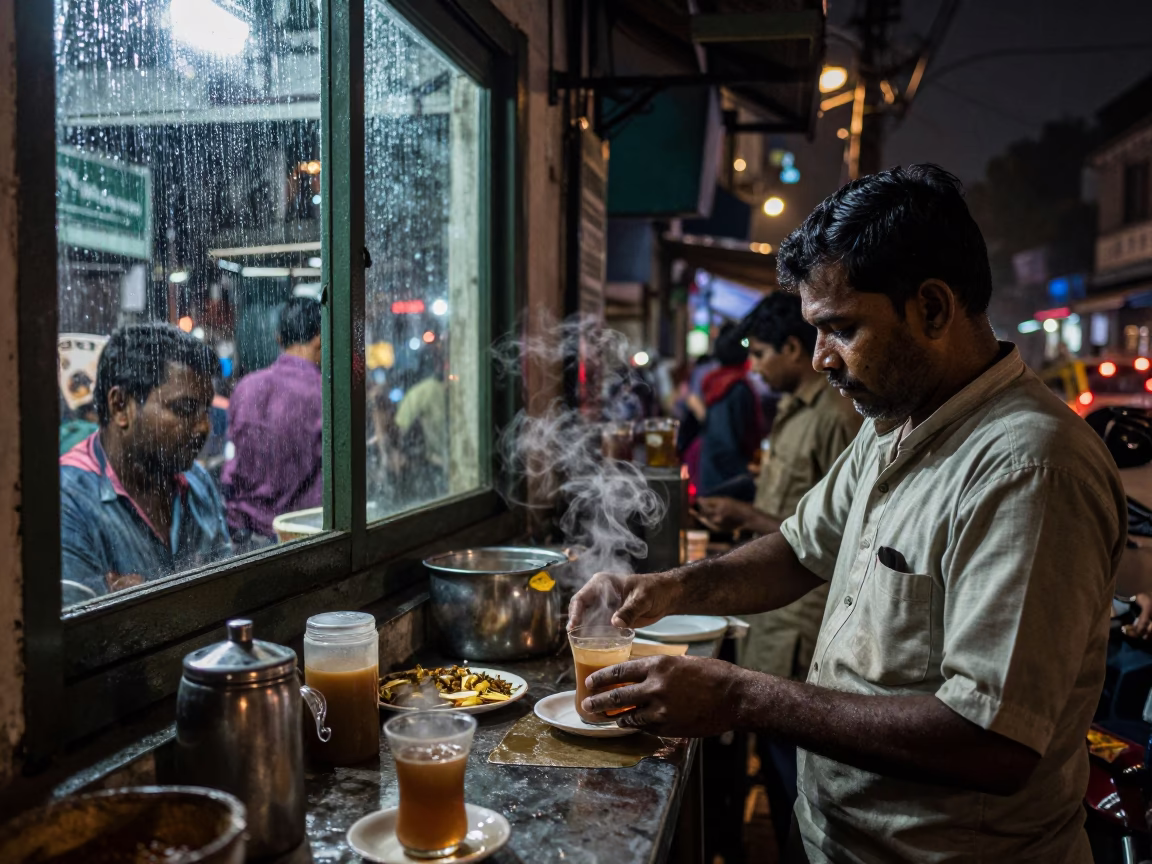 Busy Kolkata Night Street Scene with Steaming Genmaicha Tea and Rain Streaks in in Kolkata, India