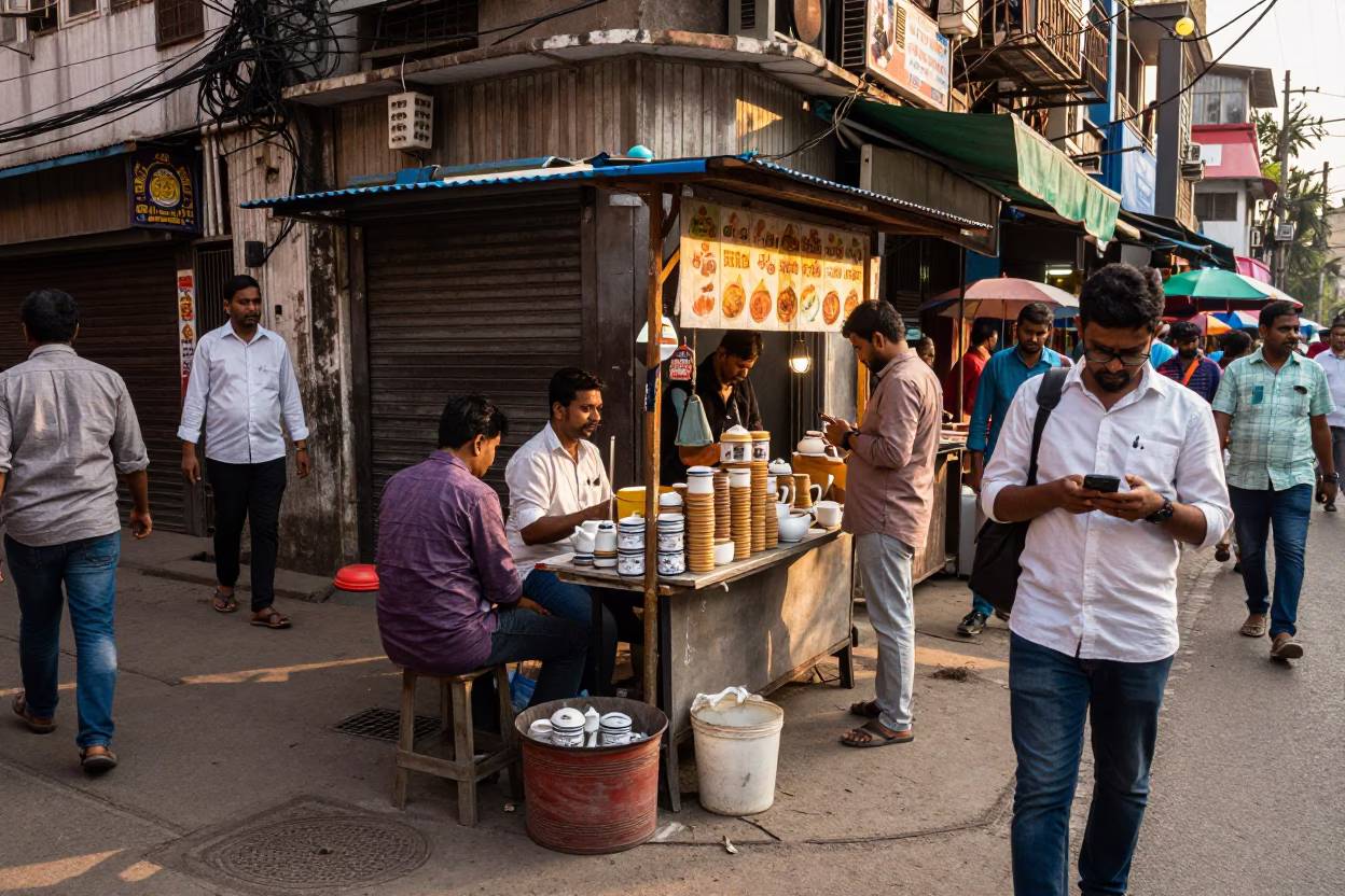 Busy Kolkata Street Corner Afternoon with Tea Seller and Local Crowd in in Kolkata, India