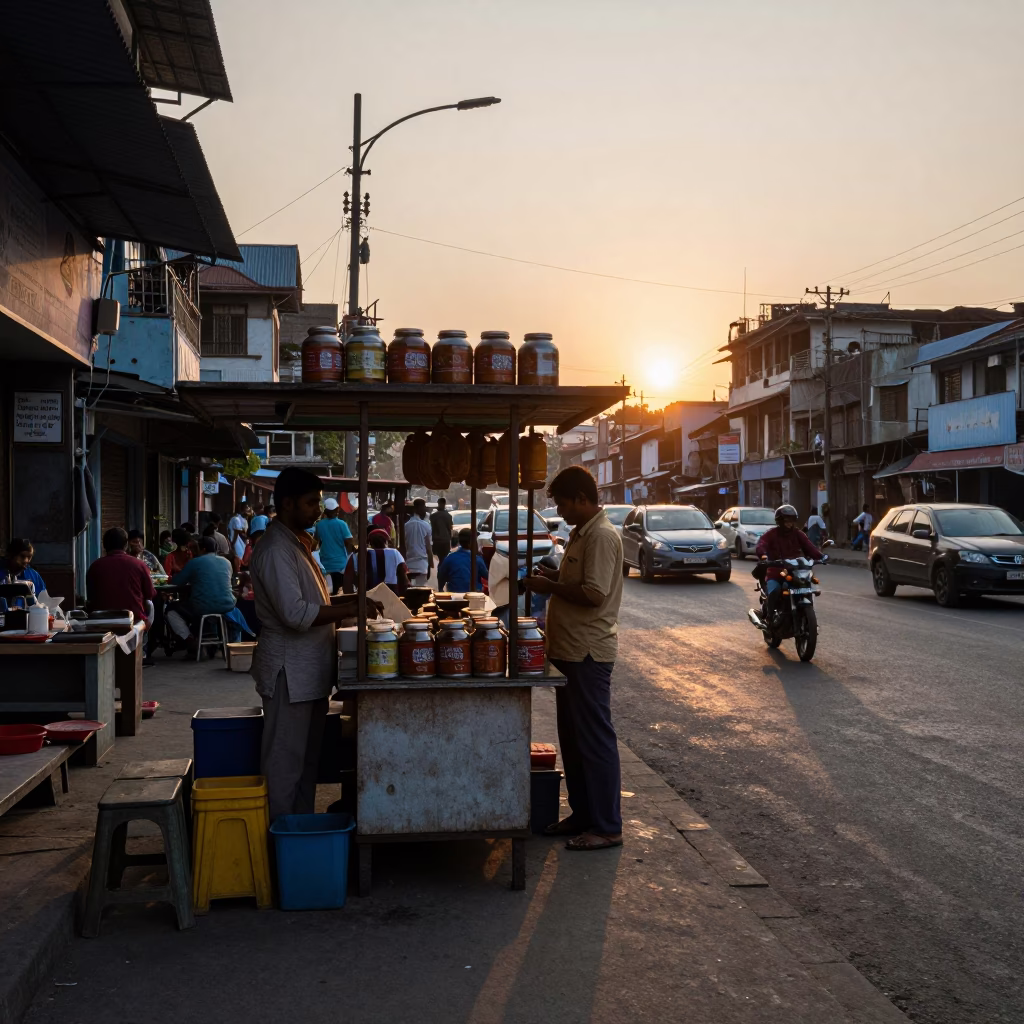Busy Kolkata Street Corner at Sunset with Spice Jars and Glass Carafe in in Kolkata, India