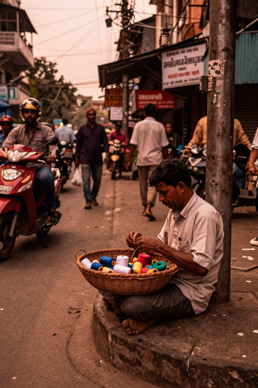 Busy Kolkata Street Corner Before Dusk with Mending Basket and Local Life in in Kolkata, India