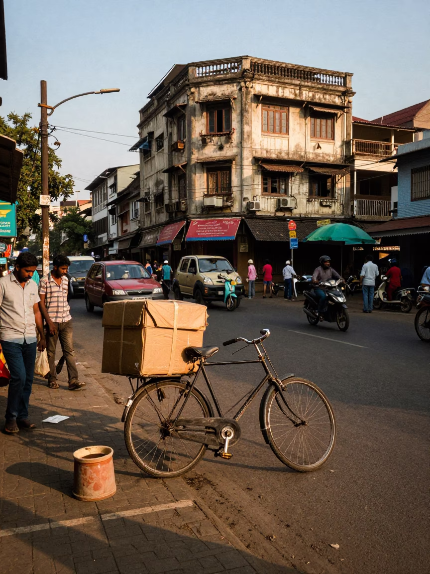 Busy Kolkata Street Corner Late Afternoon Light with Bicycle and Toolbox in in Kolkata, India