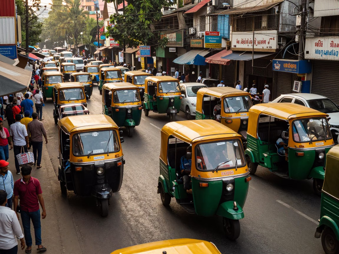 Busy Kolkata Street Corner Late Afternoon Traffic and Traditional Auto Rickshaw in in Kolkata, India