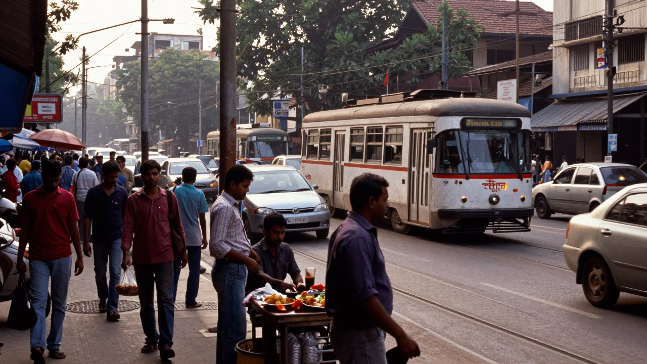 Busy Kolkata Street Corner Late Morning Traffic and Local Life in in Kolkata, India