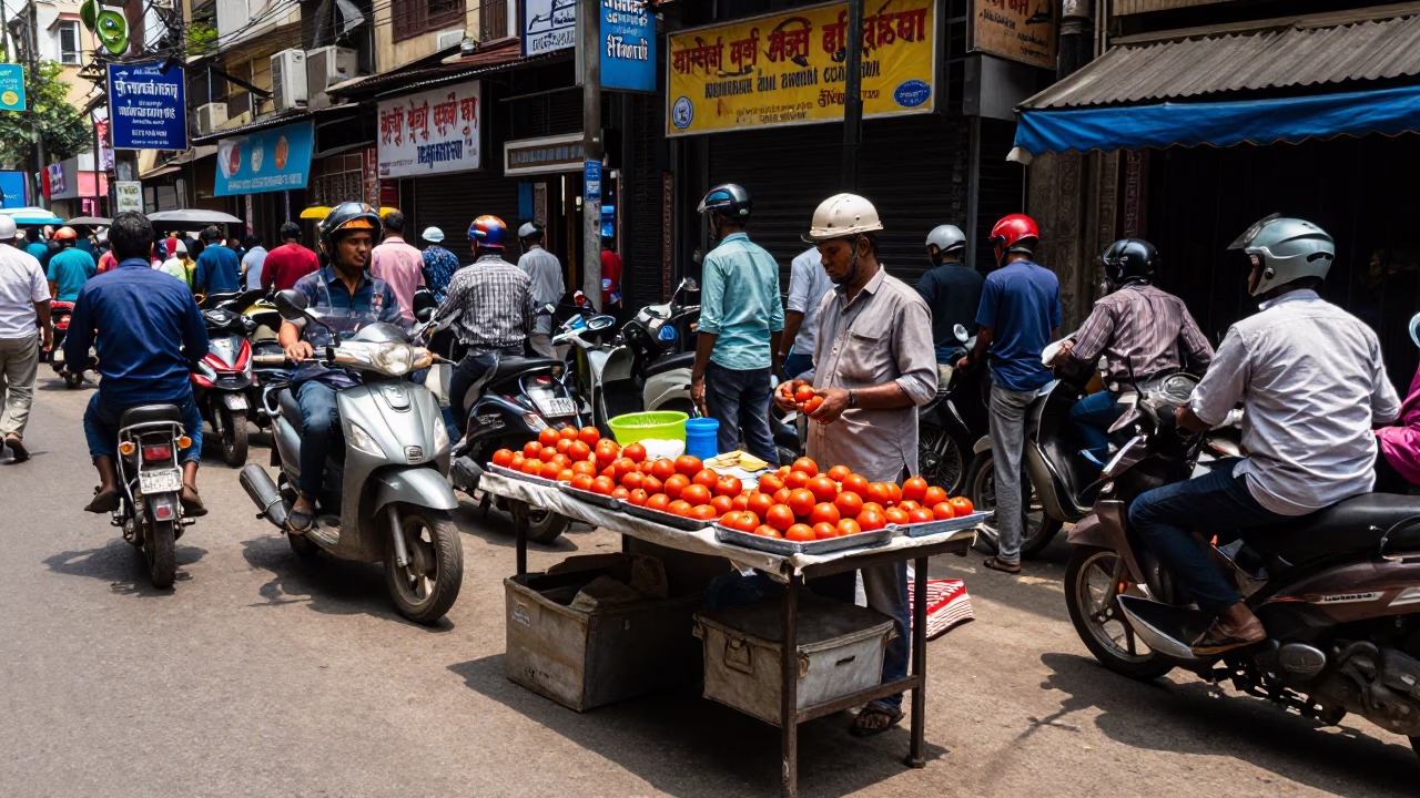 Busy Kolkata Street Corner Midday Scene with Vendors and Pedestrians in India in in Kolkata, India
