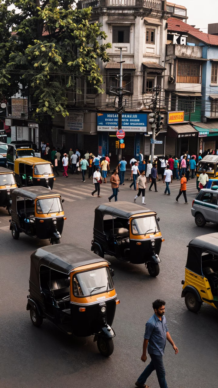 Busy Kolkata Street Corner with Auto Rickshaws and Pedestrians in Early Afternoon Light in in Kolkata, India