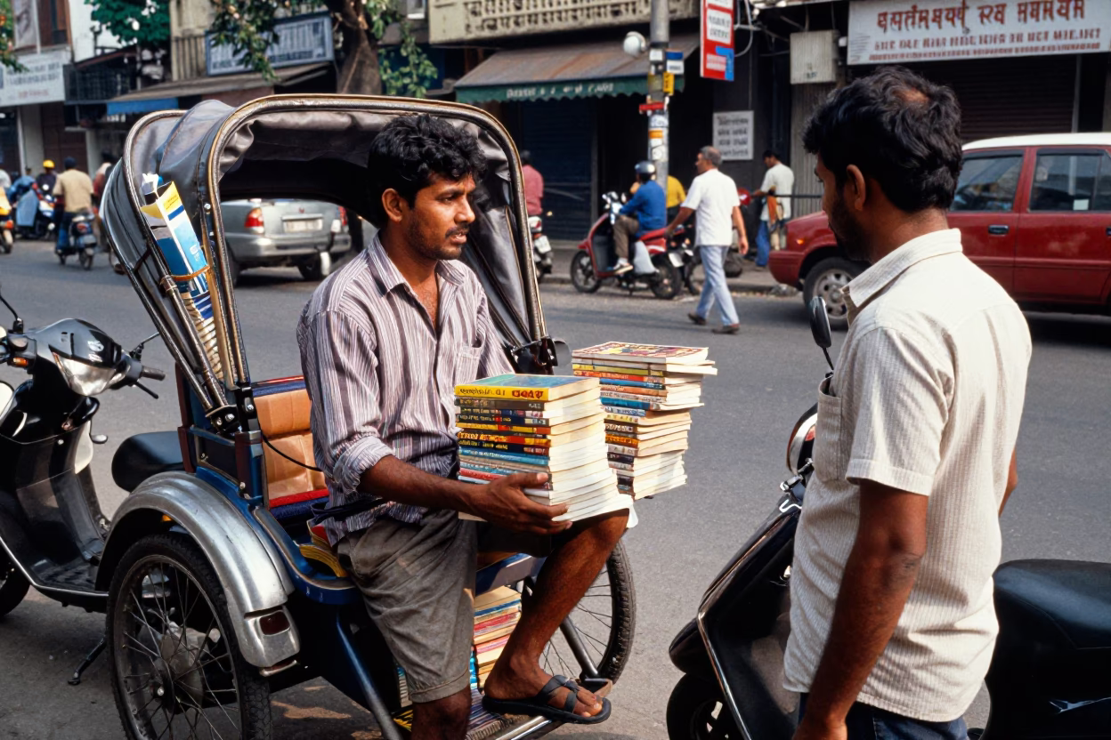 Busy Kolkata Street Corner with Paperbacks and Scooters in Early Afternoon in in Kolkata, India