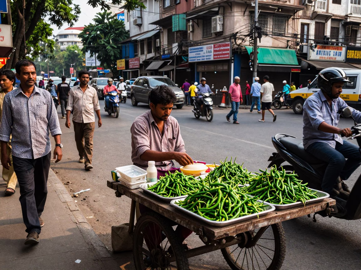 Busy Kolkata Street Corner with Vendor and Pedestrians in Early Afternoon Light in in Kolkata, India