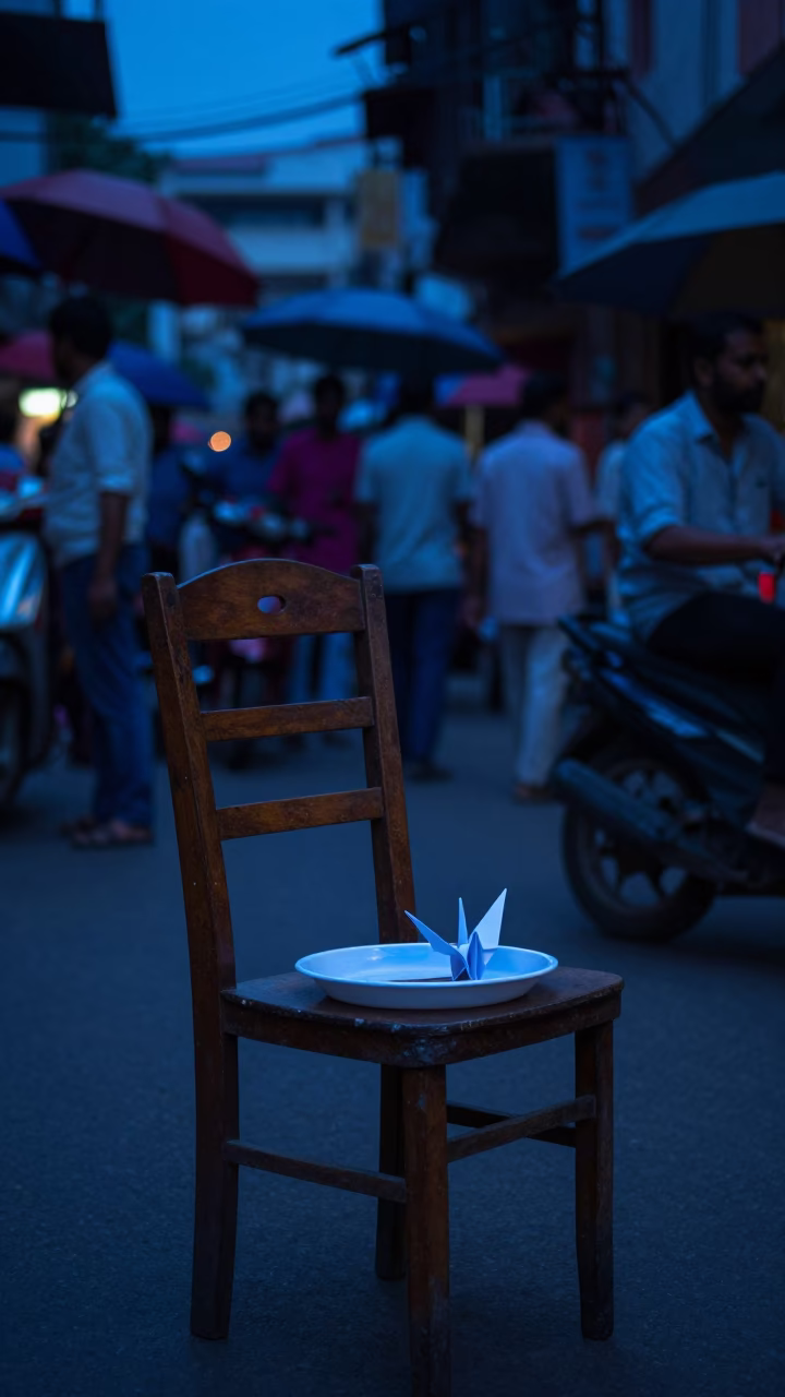 Busy Kolkata Street Evening with Wooden Chair and Origami Crane in Blue Light in in Kolkata, India