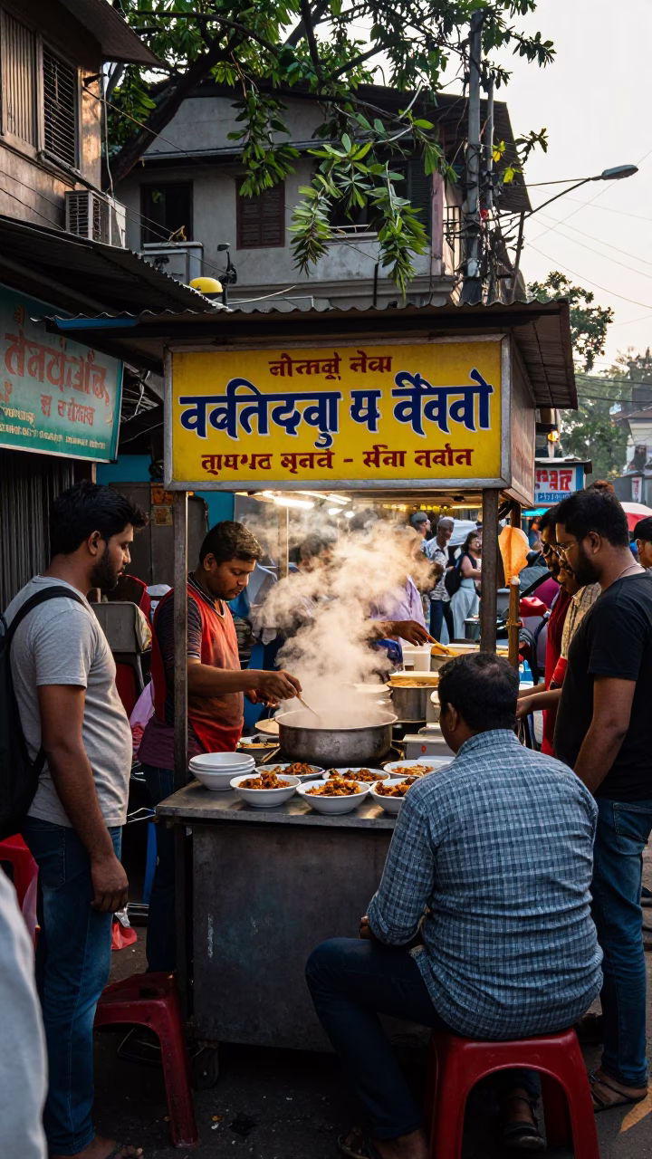 Busy Kolkata Street Food Stall with Steam and Spicy Chutney in Late Afternoon Light in in Kolkata, India