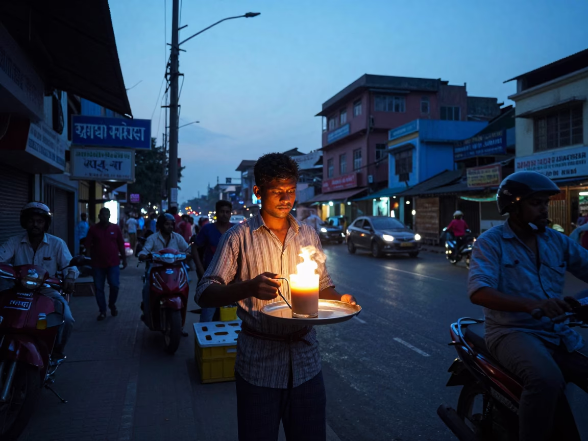 Busy Kolkata Street Morning at Nautical Dawn with Chai Vendor and Monorail in in Kolkata, India