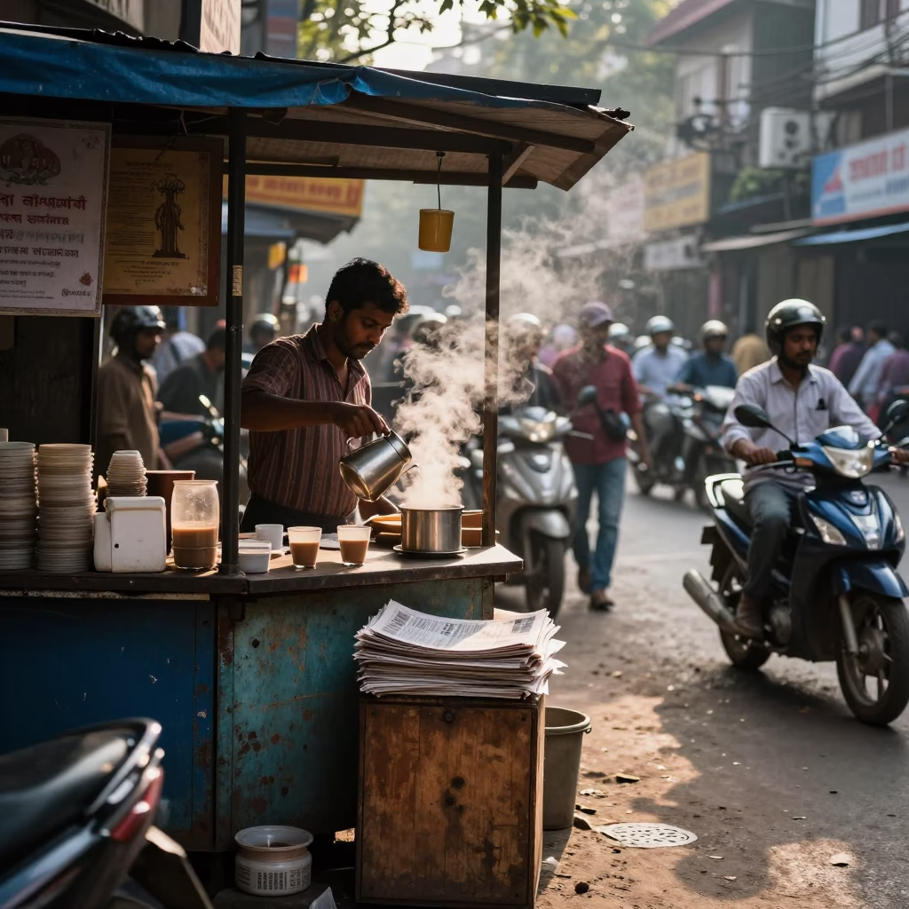 Busy Kolkata Street Morning First Light with Coffee Mugs and Newspaper Stack in in Kolkata, India