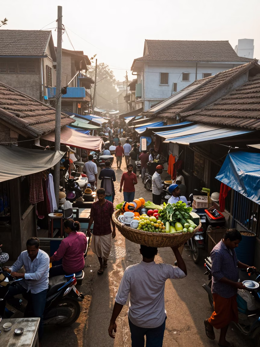 Busy Kolkata Street Morning with Basket and Tea Mug Near Old Stone Buildings in in Kolkata, India