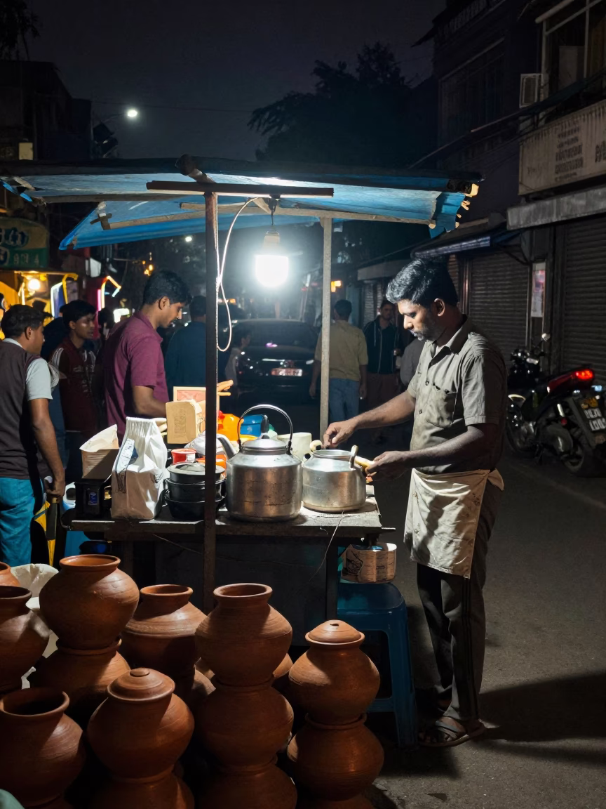 Busy Kolkata Street Night Scene with Clay Pots and Kettle Light Reflection in in Kolkata, India