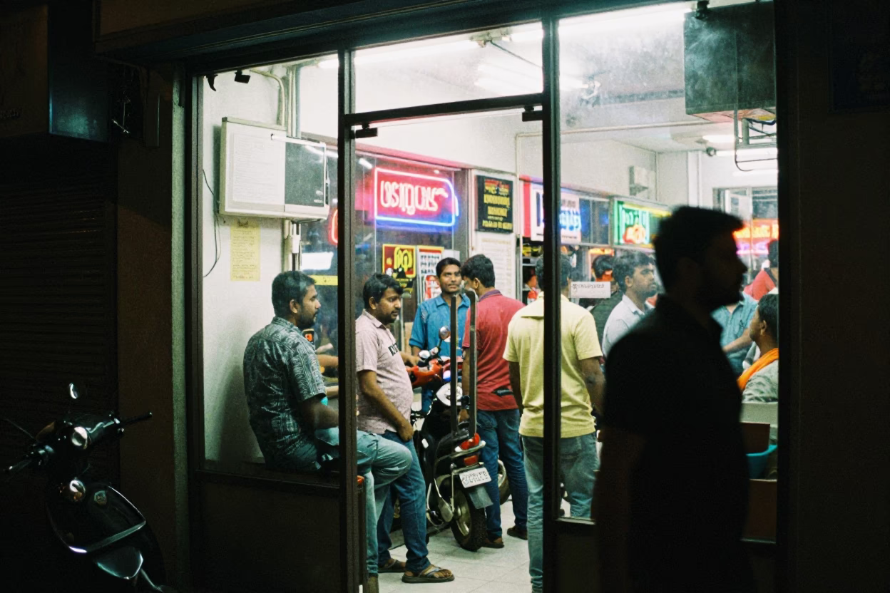 Busy Kolkata Street Night Scene with Clear Glass Doorframe and Pastries Display in in Kolkata, India