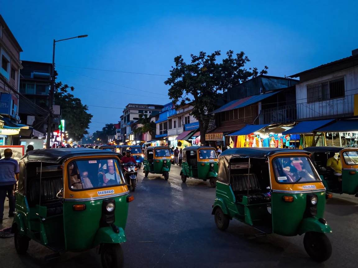 Busy Kolkata Street Scene at Blue Hour with Auto Rickshaws and Market Stalls in in Kolkata, India