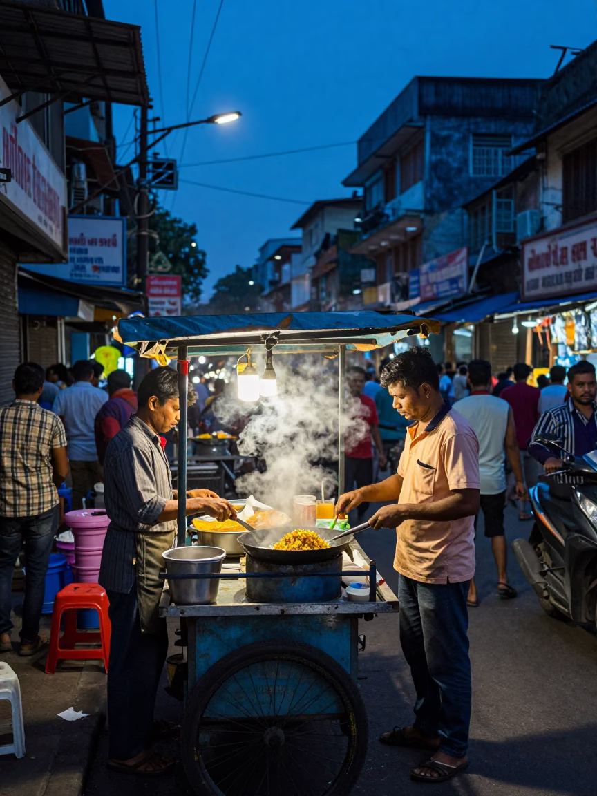 Busy Kolkata Street Scene at Blue Hour with Food Vendor and Crowd in in Kolkata, India