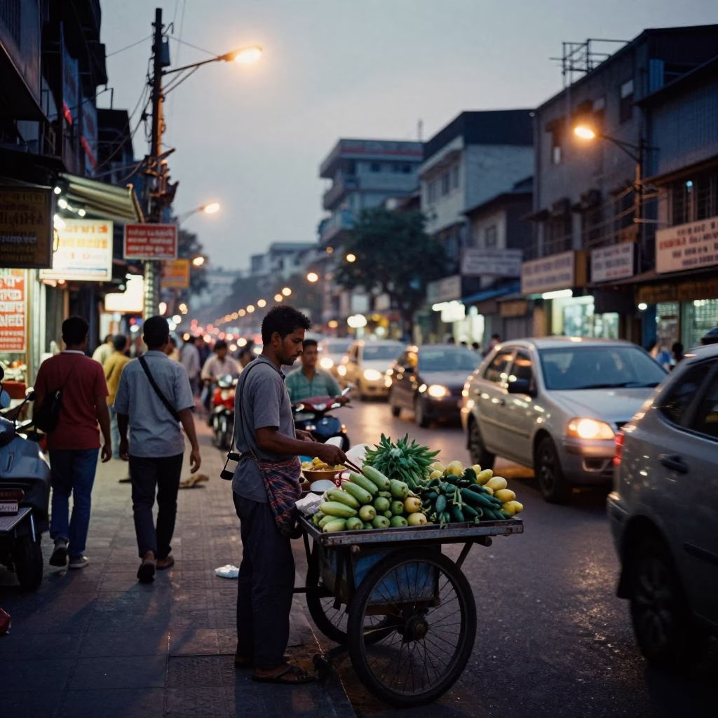 Busy Kolkata Street Scene at Dusk with Vendor and Water Bottle in in Kolkata, India