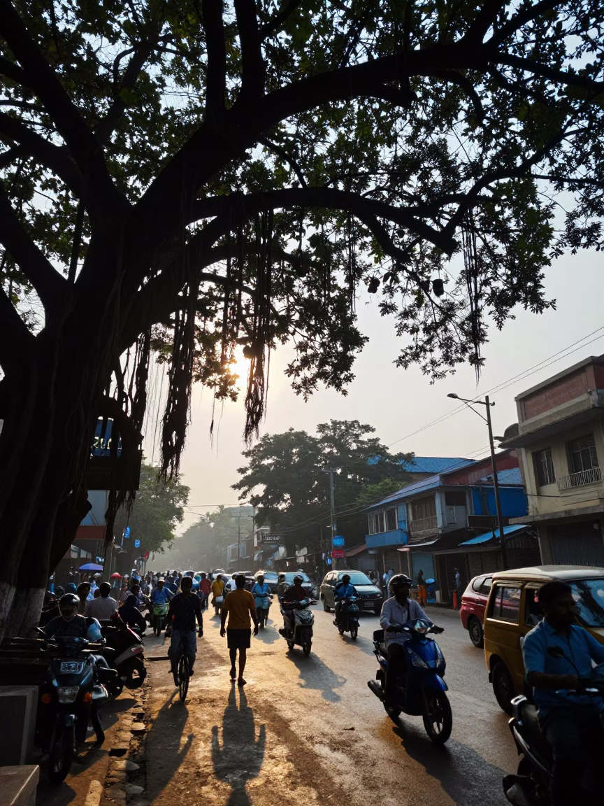Busy Kolkata Street Scene at First Light Dawn with Motorcycle and Tree in in Kolkata, India