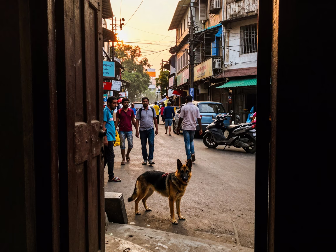 Busy Kolkata Street Scene at Golden Hour with Doorframe and German Shepherd in in Kolkata, India