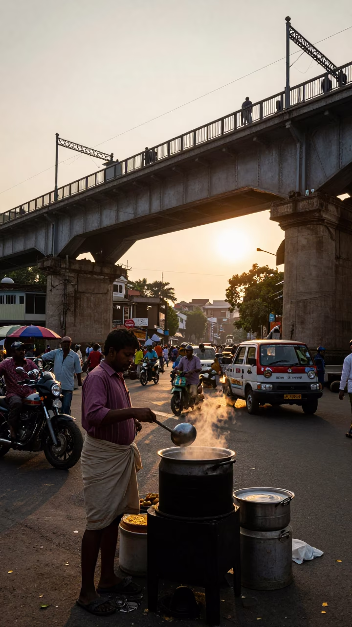 Busy Kolkata Street Scene at Golden Hour with Railway Viaduct and Ladle in in Kolkata, India