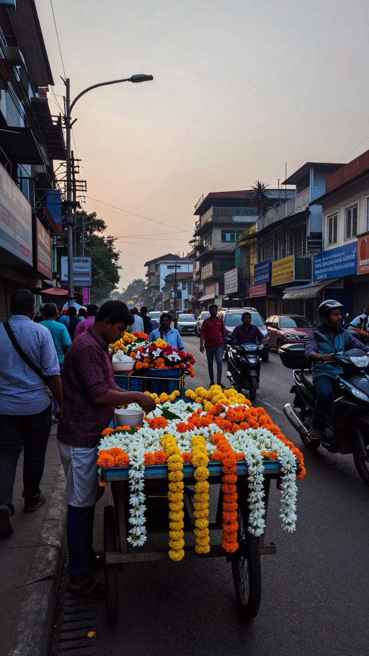 Busy Kolkata Street Scene at Nautical Dawn with Florist and Kites in in Kolkata, India