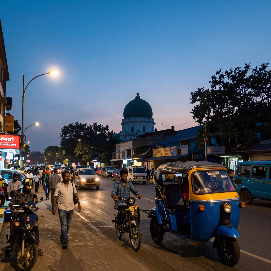 Busy Kolkata Street Scene at Nautical Dawn with Observatory Dome Silhouette in in Kolkata, India