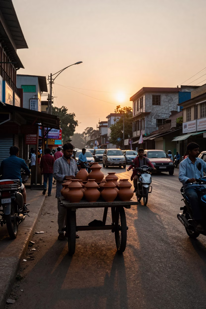 Busy Kolkata Street Scene at Sunset with Clay Pots and Local Life in in Kolkata, India
