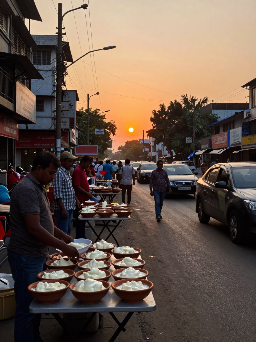 Busy Kolkata Street Scene at Sunset with Folding Tables and Ceramic Bowls in in Kolkata, India