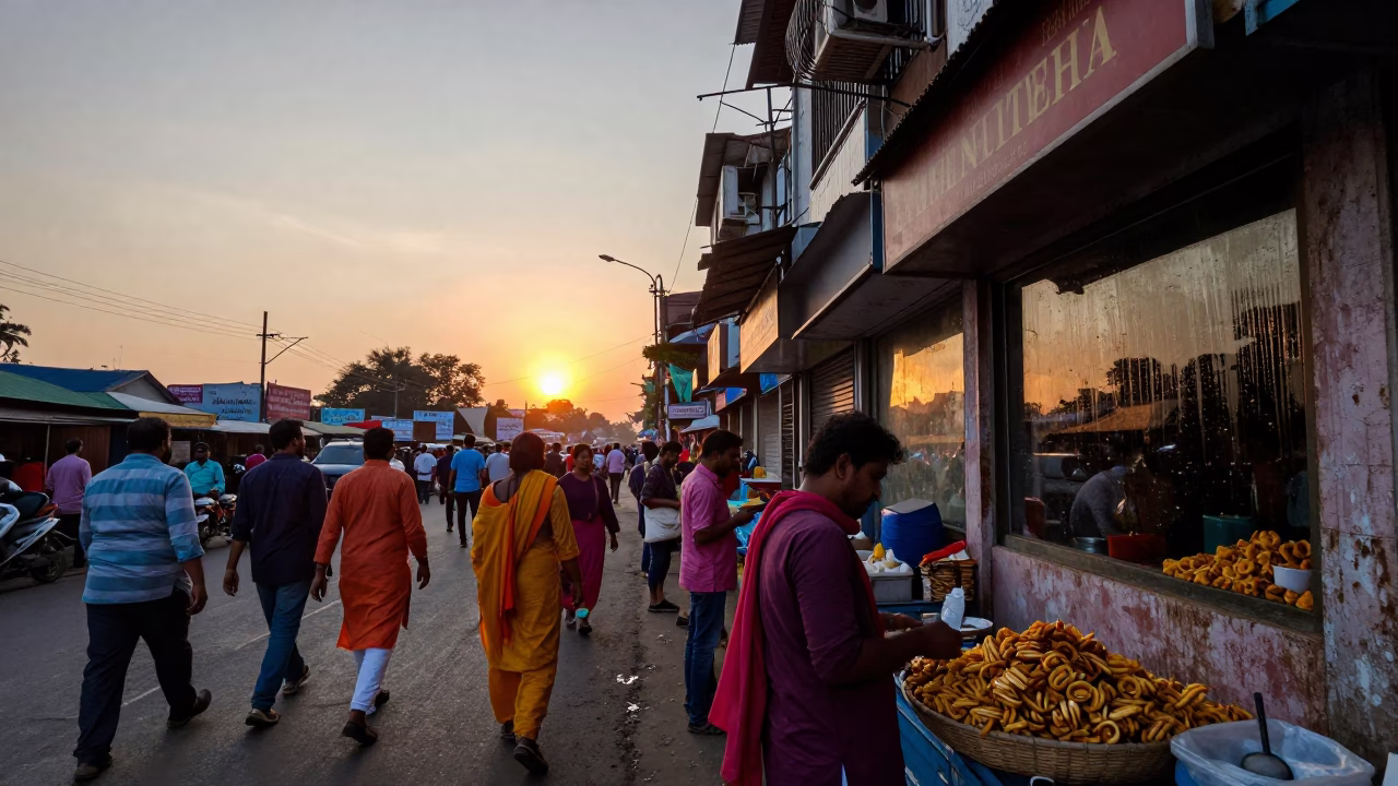 Busy Kolkata Street Scene at Sunset with Food Vendors and Commuters in in Kolkata, India