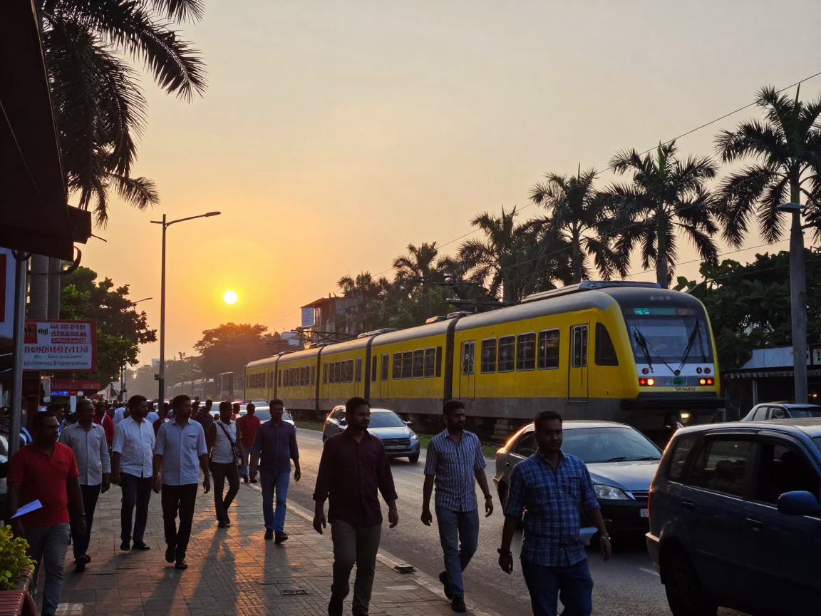 Busy Kolkata Street Scene at Sunset with Monorail and Coffee Mugs in in Kolkata, India