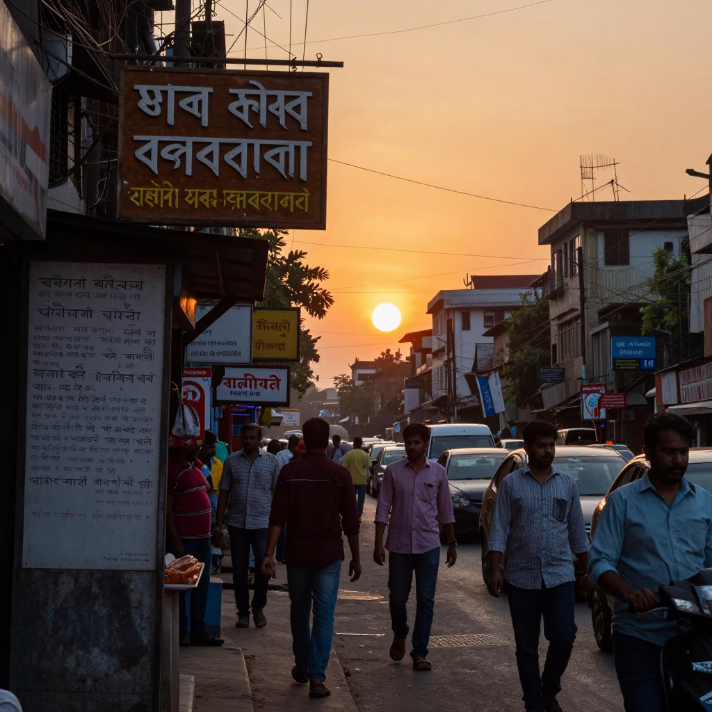 Busy Kolkata Street Scene at Sunset with Pedestrians and Local Shop Details in in Kolkata, India