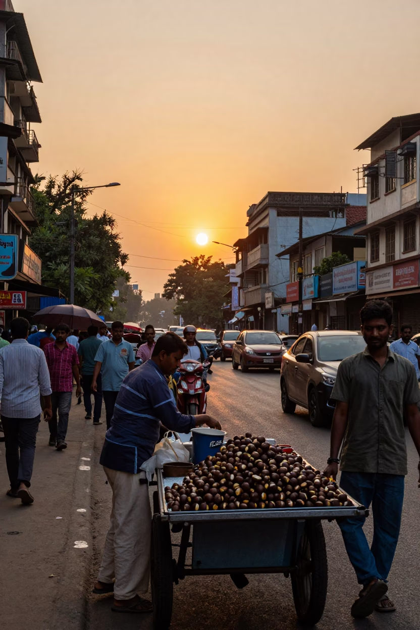 Busy Kolkata Street Scene at Sunset with Vintage Bakelite Telephone on Hotel Reception Desk in in Kolkata, India
