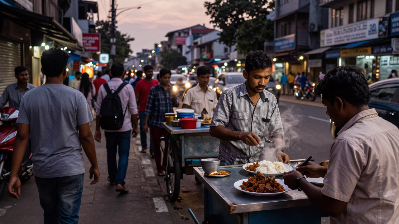 Busy Kolkata Street Scene at Twilight with Brushed Steel Bench and Local Street Food in in Kolkata, India