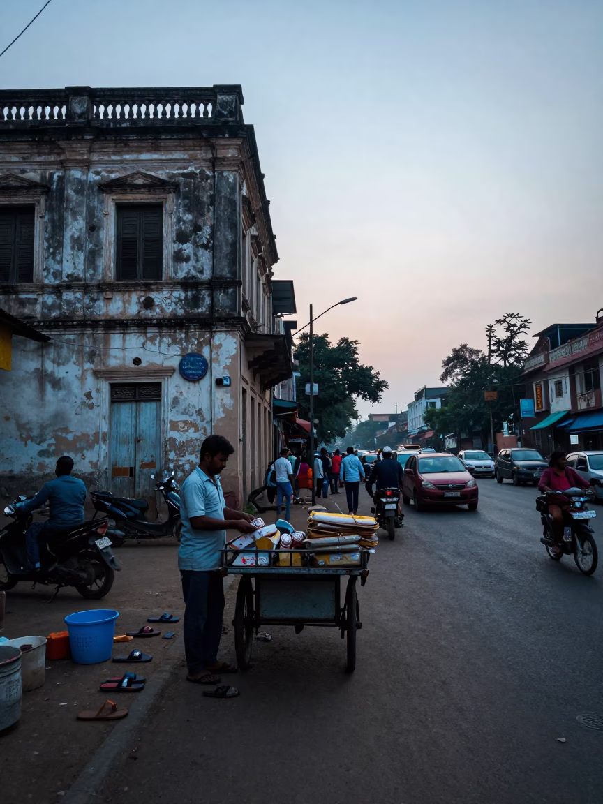 Busy Kolkata Street Scene Before Sunrise with Slippers and Morning Commuters in in Kolkata, India