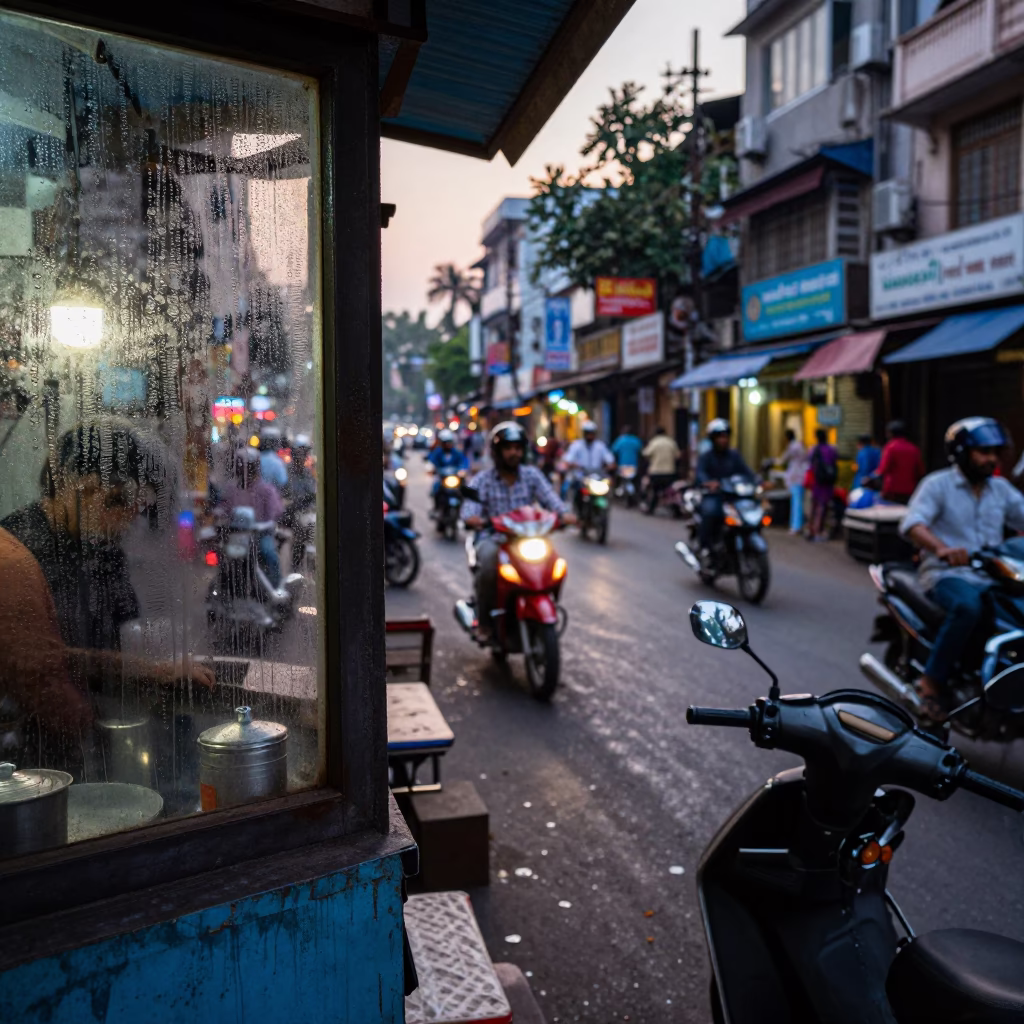 Busy Kolkata Street Scene Early Evening with Condensation on Glass and Local Market Activity in in Kolkata, India