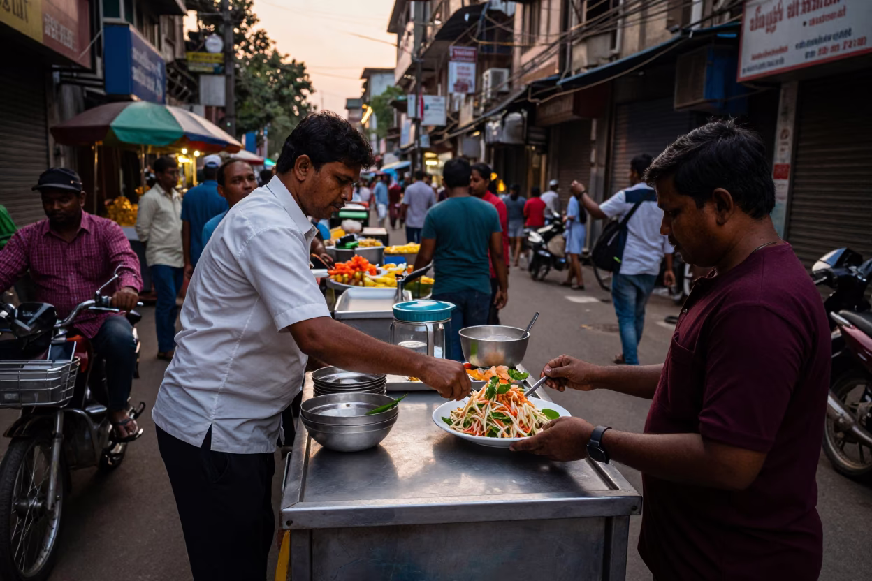 Busy Kolkata Street Scene Early Evening with Food Vendors and Local Life in in Kolkata, India