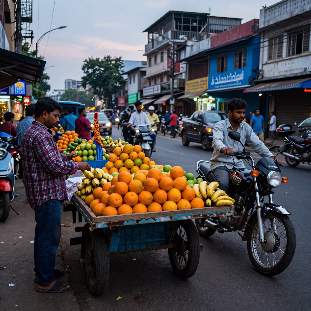 Busy Kolkata Street Scene Early Evening with Fruit Vendor and Motorcycles in in Kolkata, India
