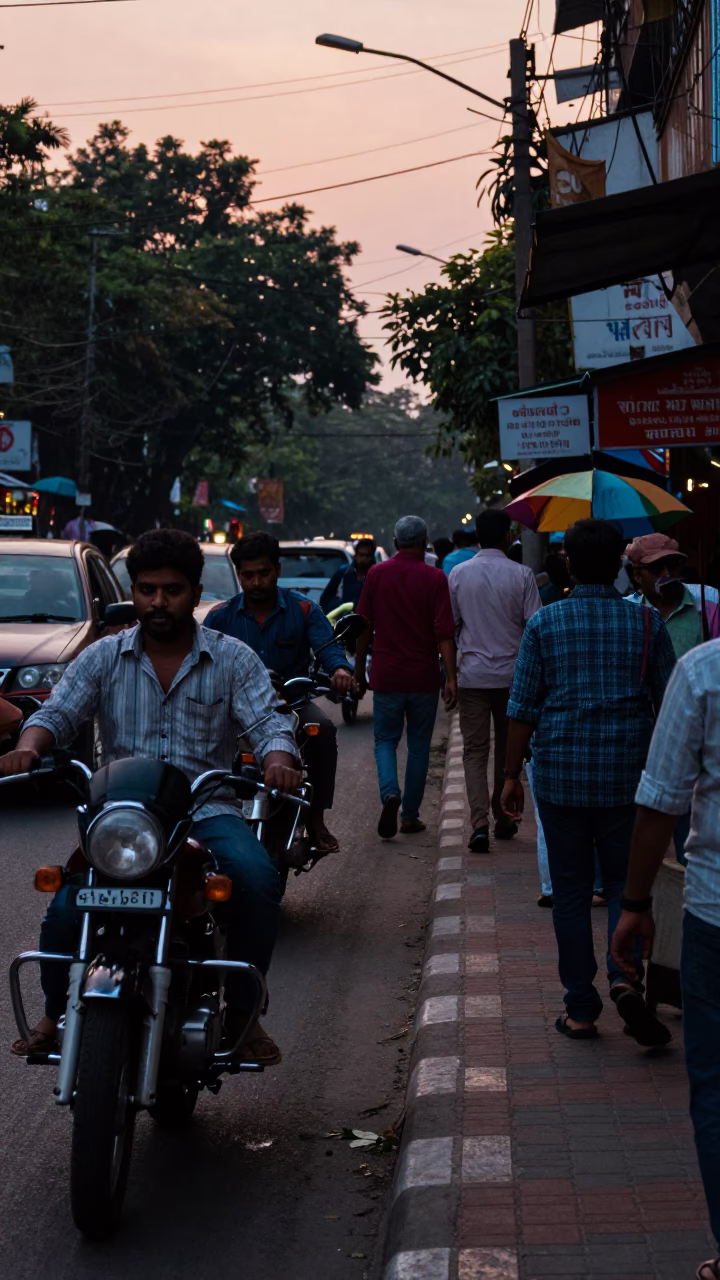 Busy Kolkata Street Scene Early Evening with Motorcycle and Brushed Steel Wall in in Kolkata, India