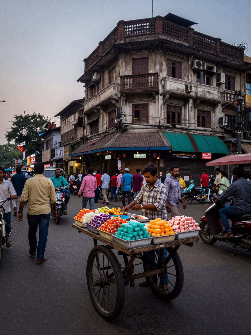 Busy Kolkata Street Scene Early Evening with Sweets and Salt Shaker in in Kolkata, India