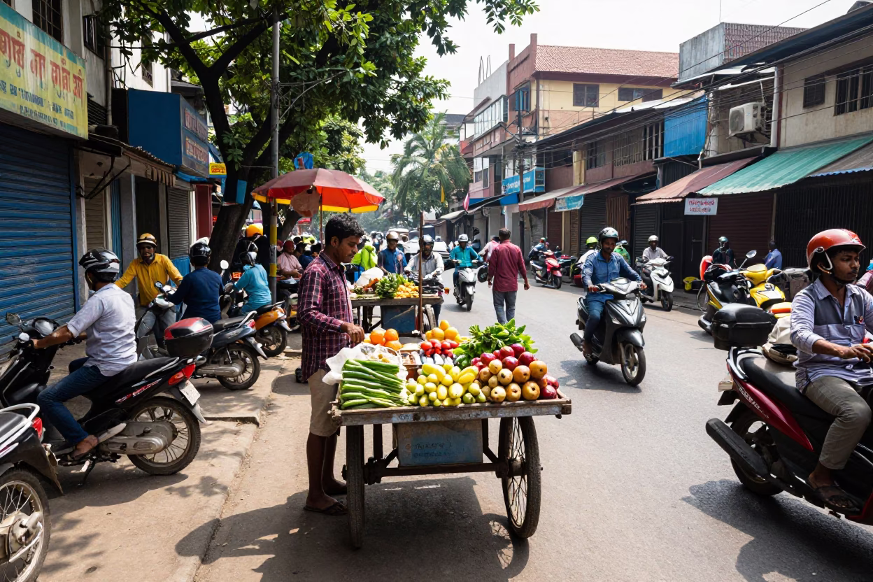 Busy Kolkata Street Scene in Bright Midmorning Light with Local Vendor and Pedestrians in in Kolkata, India