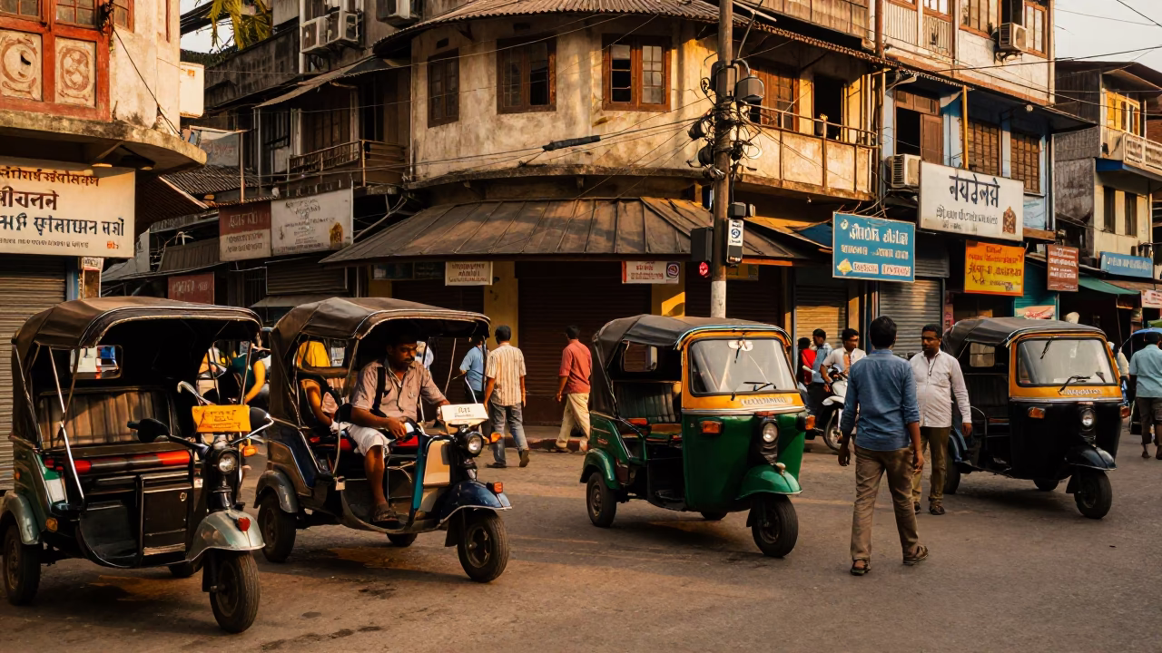 Busy Kolkata Street Scene in Honeyed Evening Light with Vintage 1950s Atmosphere in in Kolkata, India