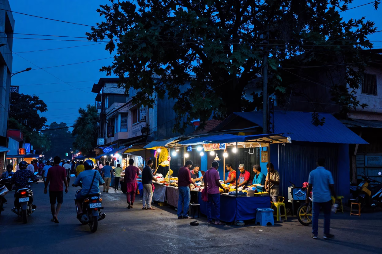Busy Kolkata Street Scene in Indigo Twilight with Vendors and Pedestrians in in Kolkata, India