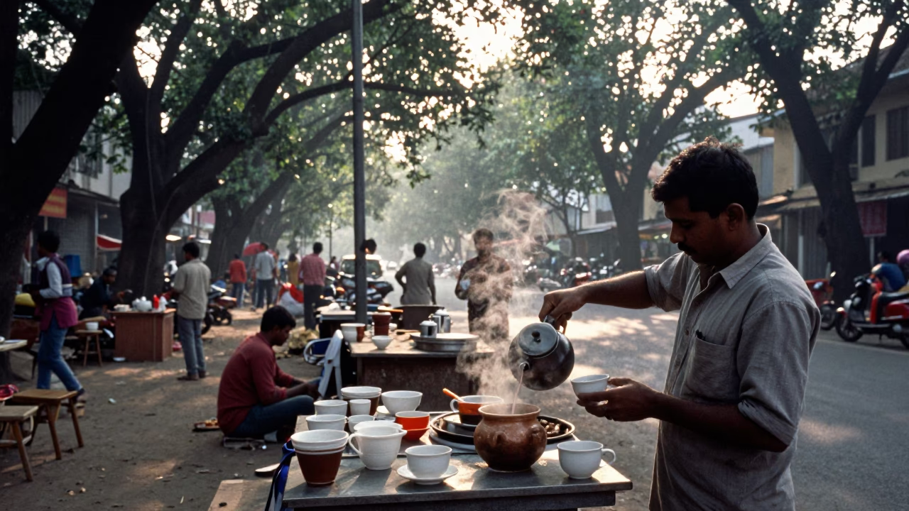 Busy Kolkata Street Scene Just After Sunrise with Ceramic Cup and Pot Holders in in Kolkata, India
