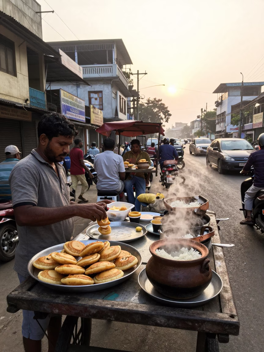 Busy Kolkata Street Scene Just After Sunrise with Traditional Breakfast and Local Traffic in in Kolkata, India