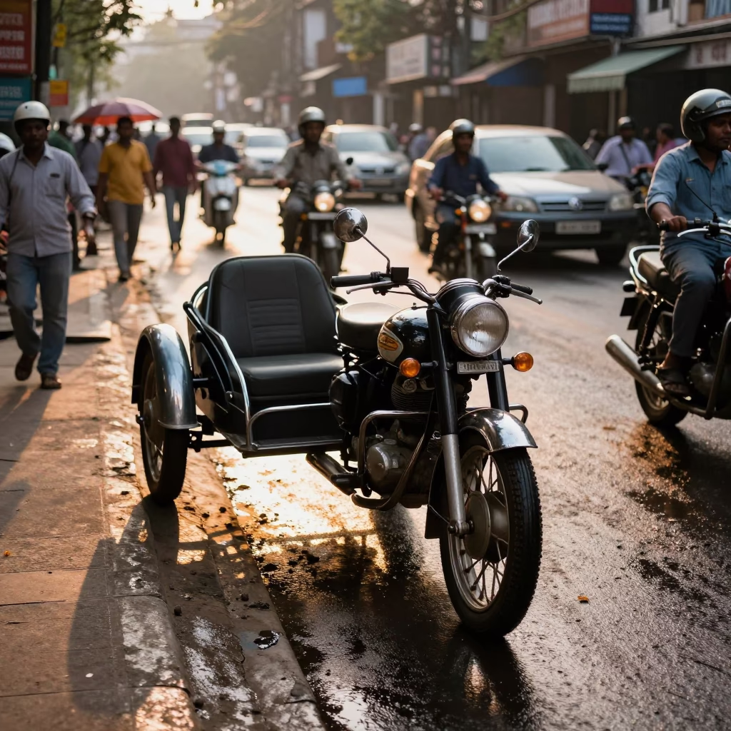 Busy Kolkata Street Scene Late Afternoon Vintage Motorcycle Sidecar and Local Market Life in in Kolkata, India