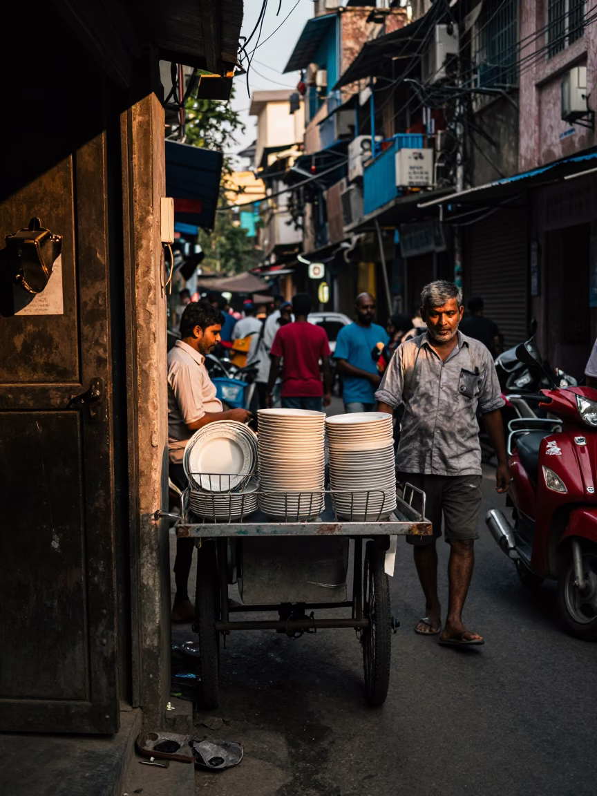 Busy Kolkata Street Scene Late Afternoon with Dish Drainer and Caster Wheel in in Kolkata, India