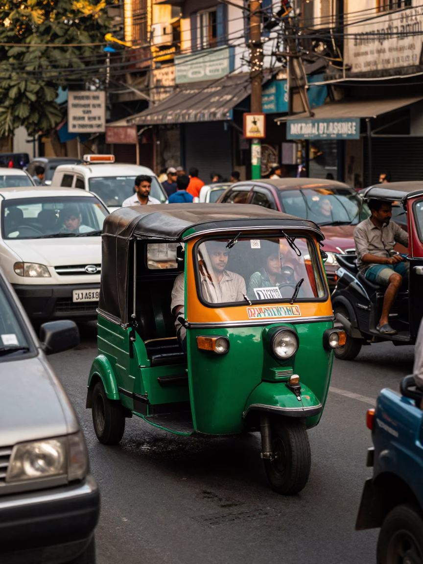 Busy Kolkata Street Scene Late Afternoon with Tuk-Tuk and Local Market Activity in in Kolkata, India