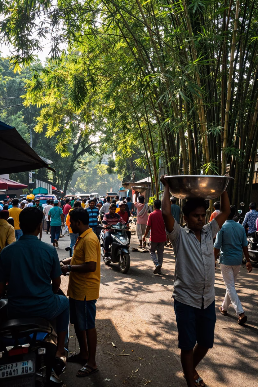Busy Kolkata Street Scene Late Morning with Bamboo Light and Steel Basin in in Kolkata, India