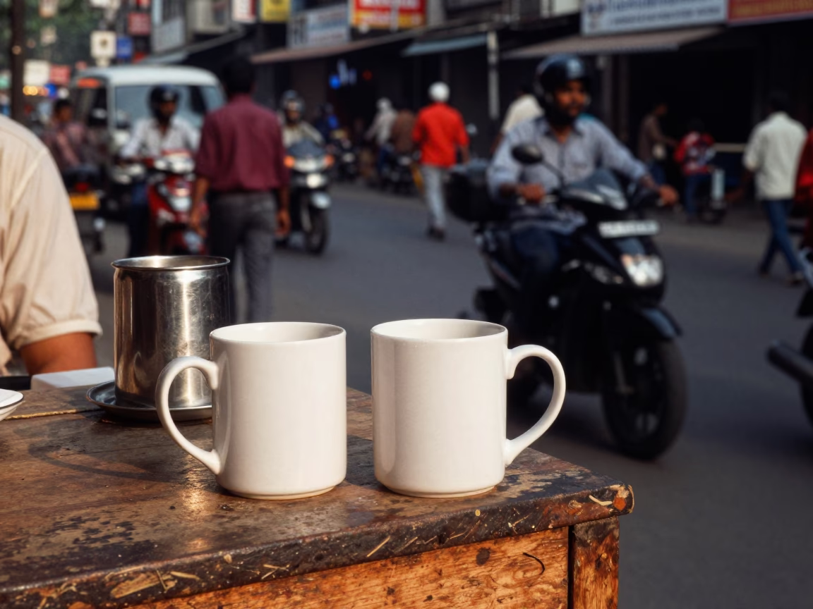 Busy Kolkata Street Scene Late Morning with Ceramic Mugs and Saucepan on Vendor Cart in in Kolkata, India